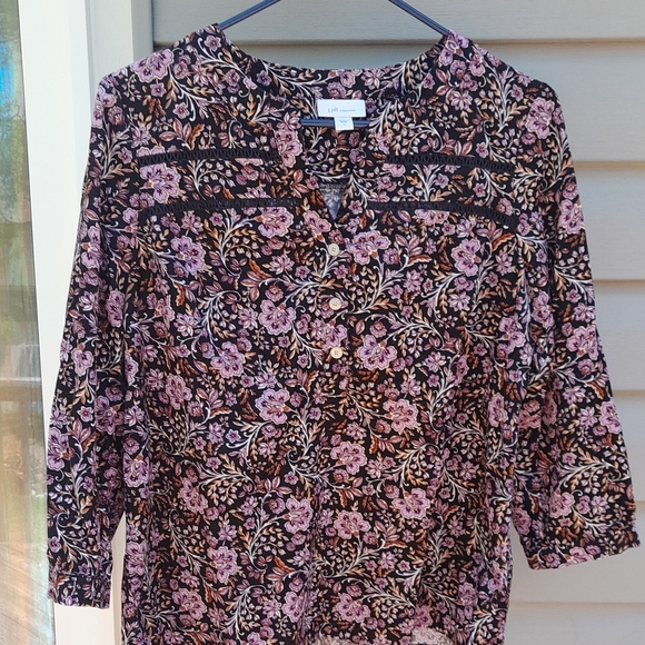 J JILL Black & Pink Floral Tunic  Blouse Corduroy Small - Picture 4 of 6